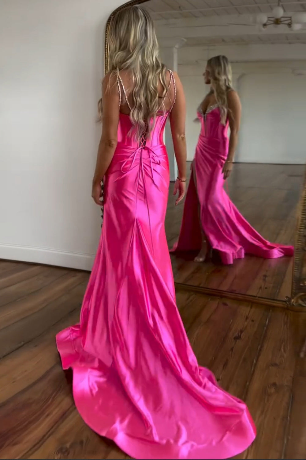 Luolandi Fuchsia Sequined Spaghetti Straps Long Prom Dress With Slit Sexy Evening Dress